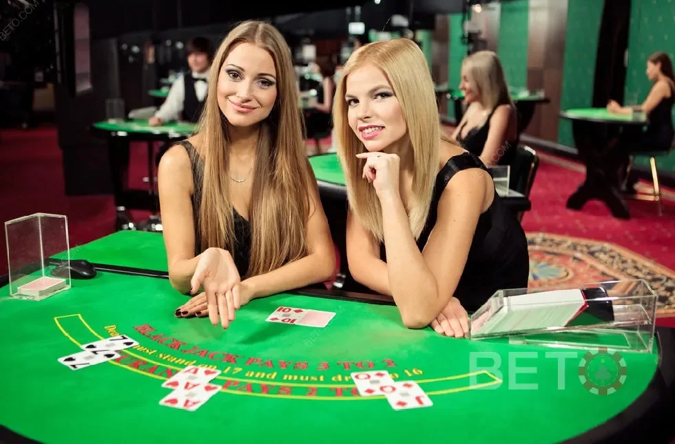 Ruang permainan live dengan meja dan presentasi dealer HF08
