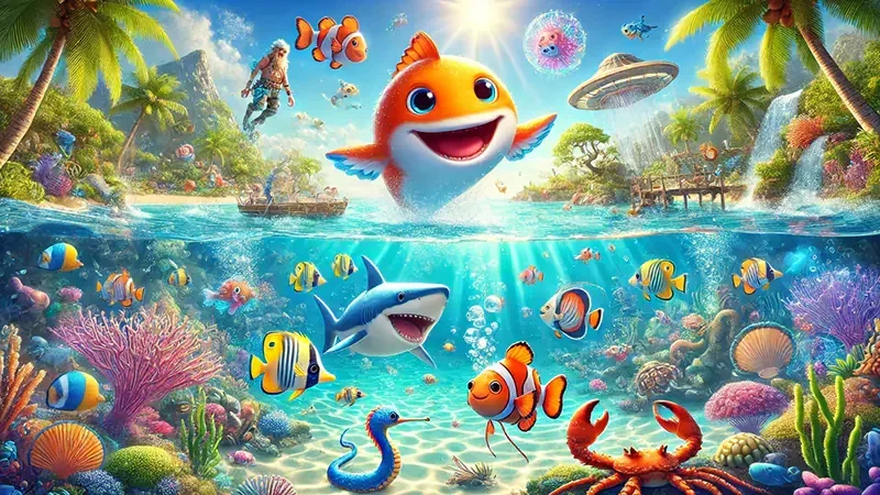 Kontrol meriam dan target ikan pada layar permainan HF08
